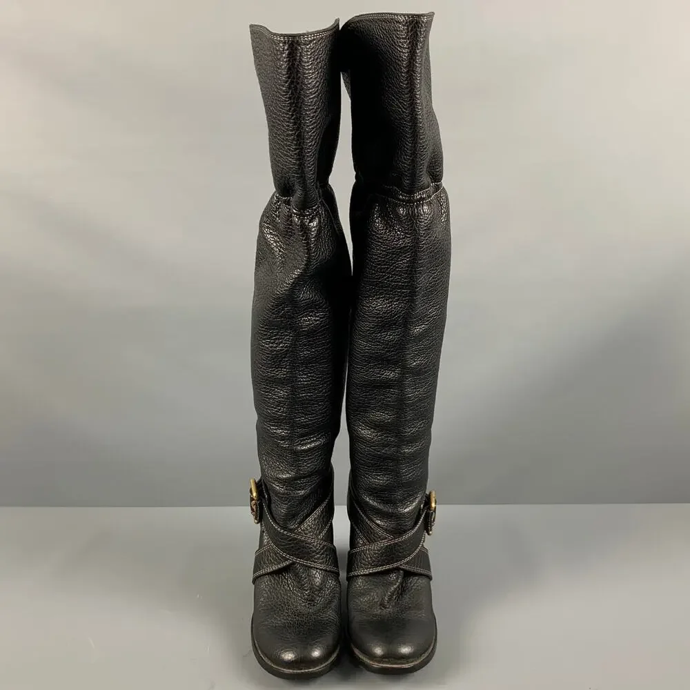 DOLCE & GABBANA Size 10 Black Leather Pebble Grain Ankle Strap Boots - Picture 4 of 7